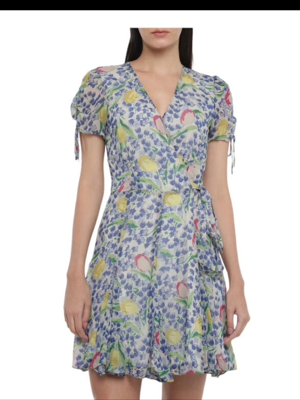 Polo by Ralph Lauren Blue Floral Wrap Mini Dress with Pastel Tulips